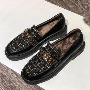 Casual Shoes 2024 Ins Metal Chain Plaid Oxfords Woman Flats Thick Heels Loafers Square Toe Lattices Small Leather Women Plus Size 34-43