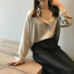 Women's Blouses Spring Satin Blouse Female Long Sleeve Shirt Loose Solid Thin Ladies Beige Vintage Casual Women Tops Girls Office Wear