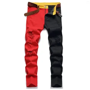 Men's Jeans Men Y2K Stretchy Ripped Skinny Black Red Patchwork Holes Slim Fit Denim Pants High Quality Hip Hop Jean Pantalones Hombre