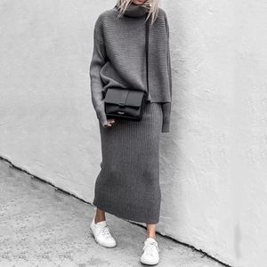 Arbetsklänningar Autumn Winter Casual Elegant Knitting Women Dress Suits Fashion Literary Vintage Pullovers and Slim Two Piece Set