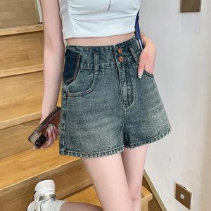 Womens Retro Blue A-Line Wide Leg Denim Shorts American Street Young Girls Capris Summer Female High midje Mini Jeans 240418