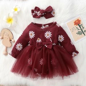 Flicka klänningar födda baby romper klänning långärmad blommor tryck tyll bodysuit röd semester firande kläder prinsessa