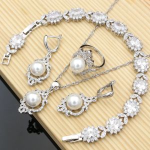 Strands Freshwater Pearl Costume Jewelry Sets 925 Silver Jewelry Kits Wedding Bridal Stones Bracelet Rings Set Lady Gift