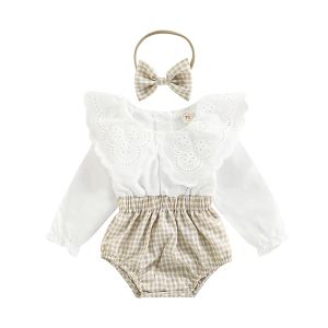 Endelar 2st Baby Girl Fall Outfit, Plaid Patchwork Lace Doll Collar Lång ärm Romper + Hårband Set för spädbarn, 018 månader