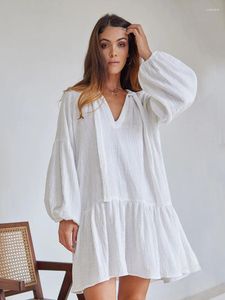 Women's Sleepwear Hiloc White Flare Long Sleeve Night Dress Women Nightgowns Loose V-Neck Sexy Mini Dresses 2024 Spring Nightgown Cotton