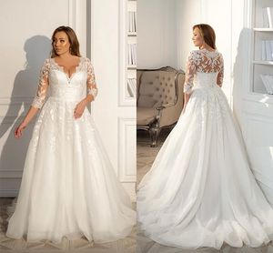 Tulle Modern Plus حجم خط الزفاف ثياب زفاف مثير الخامس الدانتيل الدانتيل بوهو حديقة الزفاف مع 3/4 الأكمام الطويلة مسح القطار حفل استقبال ثوب العروس ppliqued