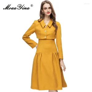 Casual Dresses Moaayina Summer Fashion Runway Pink Vintage Sling Dress Women Long Sleve Slim Top High midje Ruched Midi 2 Pieces Set