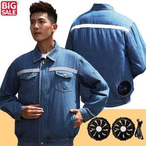 Kurtki męskie letnie spawanie jeansowe klimatyzacja wentylator ubrania robocze Flame Retardant Cooling Wentylator odzież męska kurtka chłodząca