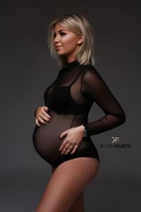供給マタニティフォトショートボディスーツブラックメッシュソフトファブリックボディ妊娠妊婦ストレッチレーストップ写真撮影