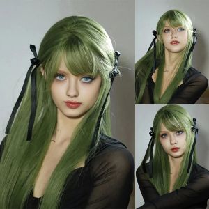 Peruki Cosplay Peruka z grzywką syntetyczne proste włosy 20 cali długi Heatresantant Fruit Green Peruka dla kobiet