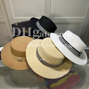 Wide Brim Straw Hat Luxury Stripe Flat Top Bucket Hat For Men Women Large Brim Sun Protection Beach Hats Summer Sunshade Grass Woven Hat