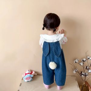 One-Pieces 2023 Autumn New Baby Girl Sleeveless Denim Jumpsuit Toddler Girl Cute Rabbit Ear Overalls Infant Romper Kids Clothes 024M