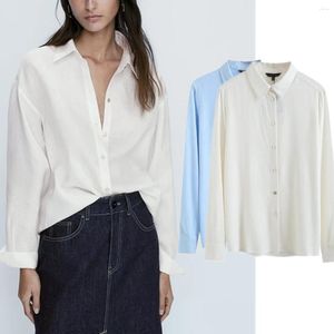 Kvinnors blusar Maxdutti Fashion Office Ladies Linen Shirt Women Minimalist för toppar 2024 Spring Long Sleeve Solid Blouse