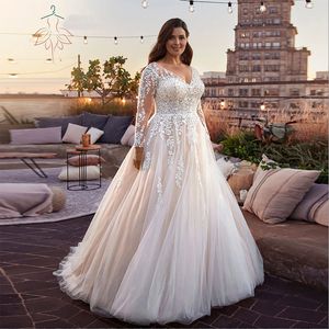 Elegante V-Ausschnitt-Brautkleider plus Größe Langarm Spitze Tüll Brautkleider Applikationen Sweep Zug A-Line Vestidos de Novia