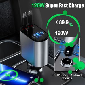 Chargers 4 IN 1 120W Retractable Car Charger USB TYPE C Fast Car Phone Charger With Voltage Display Type C L for IPhone 15 For Samsung