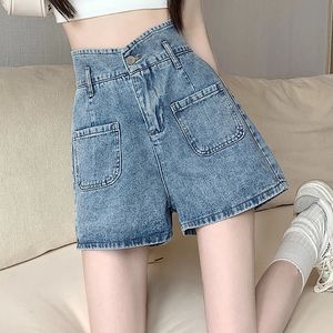 Retro denim shorts kvinnor sommar trendig hög midja a-line breda benbyxor stor storlek kvinnlig kort streetwear s-5xl 240418