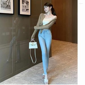 Jeans femminile 2024 cotone spandex pantaloni in denim gambe magre design ad alta vita coreana