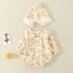 One-Pieces Summer Baby Girls Romper+Hat Cotton Peter Pan collar Ruffles Lace Long Sleeve Infant Rompers Newborn Clothes Bebe Cute Garments