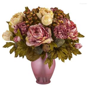 Decorative Flowers Peony Artificial Arrangement In Rose Colored Vase Pink