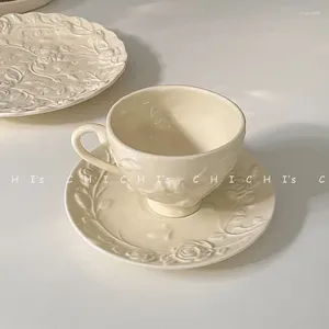 Mugs Cup Plate Vintage Ceramic Set Relief Dim Sum Coffee Flower Afternoon Tea Restaurant