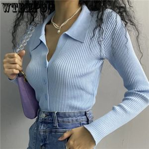 Cardigans wtempo Women Lapel Slim Slimming Tops Ladies Button Up Sexy V Neck Long Sleeve Polo Neck Kardit Cardigan tröja