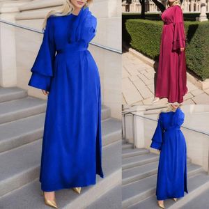 Vestido de festa muçulmano Eid de roupas étnicas para mulheres Abaya Marrocos Cetim Vestres Ramadã Lace-up Abayas Kaftan Islam Dubai Robe Longo Longo 2024