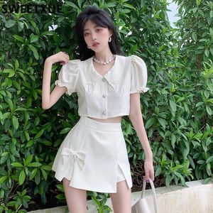 Work Dresses Korean Sweet Small Fragrance Two Piece Set Beaded Bow Short Top Temperament Mini Skirt Suits Fashion 2 Outfits Women