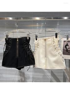 Kvinnors shorts kvinnor gyaru 2000 -tal gotisk mörk akademi hög midja snörning pu faux läderbyxor y2k streetwear harajuku mode retro