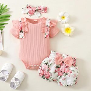 Roupas Conjuntos de roupas de 0-2 anos de idade Baby Girl Summer Summer Rosa redonda de renda de renda curta com flores Termão de laço impresso