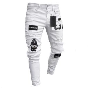 Hip Hop Mens Fashion Embroidered Jeans Street Club Ripped Denim Pants Classic Blue And White Slim Stretch Pantalon S-4XL 240417