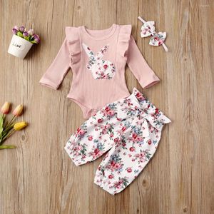 Комплект одежды для маленькой девочки пасхальный наряд Rufffe с длинным рукавом топ топ цветочные брюки брюки, набор рожденных малышами