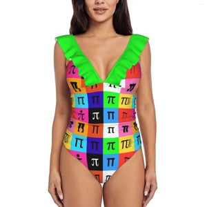 Frauen Badebekleidung Colorblock Happy Pi Day Print Deep-V Rüschen Badeanzug One-Stück Strand tragen Monokini