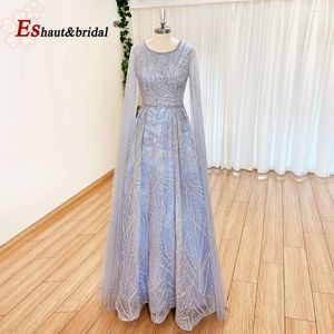 Party Dresses Luxury Dubai Sky Blue Arabic Lace Evening Prom Dress with Cape Sleeves 2024 Aline Formal Wedding Guest Gown for Women