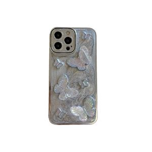 Silver Gray Painted Glue Glossy Butterfly Phone Case With Strap For Iphone 15 14 13 12 11 Pro Max lyp116