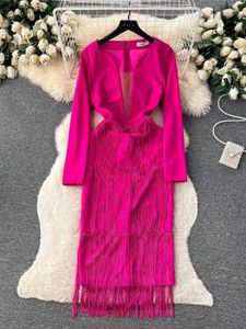 Sukienki swobodne moda seksowne klub frędzle bandaż sukienka solidna kolor v seck decip długie rękawie na rozciąganie pochwy noc Midi vestidos