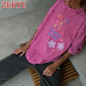 Zekye SweatかわいいOネックTシャツフローラルプリント夏の特大のストリートウェアホール長いトップトップヴィンテージファッションTシャツFEMME 240419