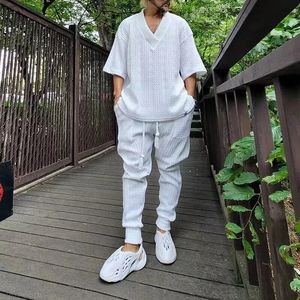 Men Knit Suit VNeck Short Sleeve Tops And Pants Slim Fit Two Piece Set Fashion Streetwear Casual Solid Jacquard Sweater Outfits 240415