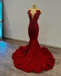 Red Sparkly Long Mermaid Prom Birthday Gala Dresses for Black Girl Luxury Diamond Velvet Evening Gown vestidos de 15 anos