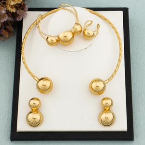 Necklace Earrings Set Fashion Gold Color Jewelry Round Beads Copper African Dubai Bracelet Ring Italian 4PCS Gift