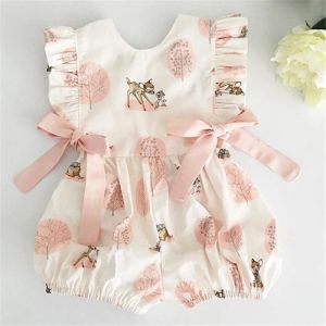 Endelar 024m Summerkläder Baby Girl Deer Flower Cotton Soft Romper Girls Jumpsuit Fashion Spädbarnskläder