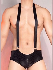 Sexy Pu Leopard Print Man Playsuit Menie Exótico Men Bodysuit Bodys Bandagem One Pama Pama Male Night Night Lingerie