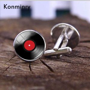Links KonMinry Classic Vinyl Record Cufflinks DJ para homens Retro Music Art Cufflinks Round Dome Glass Moda Menina Mulheres Jóias