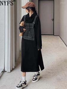 Lässige Kleider NYFS 2024 Winter Korea Frau Kleid Vestidos Robe Elbise Lose Plus Size Long Sleeve Fleece Dicke Patchwork Kapuze Kapuze