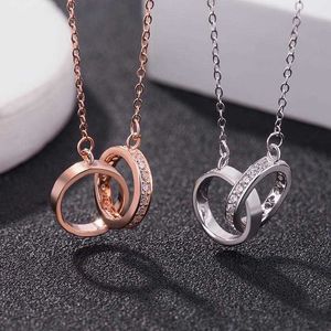 Designer Brand S925 Sterling Silver double ring buckle Necklace circle slightly inlaid with Diamond Fashion Carter clavicle pendant plated rose gold