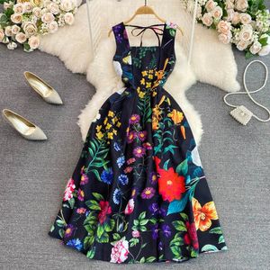 Vintage High Waist Spaghetti Strap Dress for Women Slash Neck Off Shoulder Bow Backless Floral Print Midi Long Party Vestidos 240417