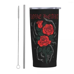 Tumblers Retro Red Rose Tumbler Flower Plant Cold and Water Bottle Portable Stainless Steel Thermal Cups Custom DIY Travel Mugs Cup