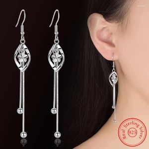 Dangle Küpeler Gerçek 925 Sterling Gümüş Orijinal Takı Long Hollow Yaprak Çiçek Damlaları Moda XY0012