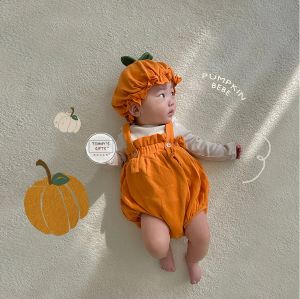 Endelar 7038 babykläder 2023 Autumn Hot Fashion Baby Girl's Halloween Climbing Suit Pumpkin Lantern Strap Pant+Hat