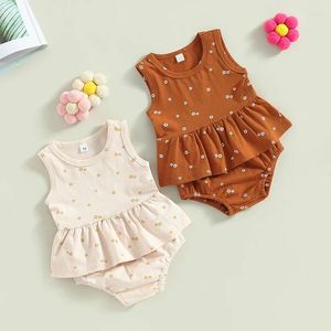 Giyim setleri 2pcs yaz bebek kızlar kıyafet kıyafetleri seti güzel fırfırlı hem çiçek kolsuz tank üstleri ve elastik gündelik şort takım elbise