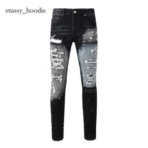 Man Pants Black Skinny Stickers Light Wash Amri Jeans Ripped Motorcykel Rock Revival Joggers True Religions Amri Men High Quality Brand Trousers Jeans 5939